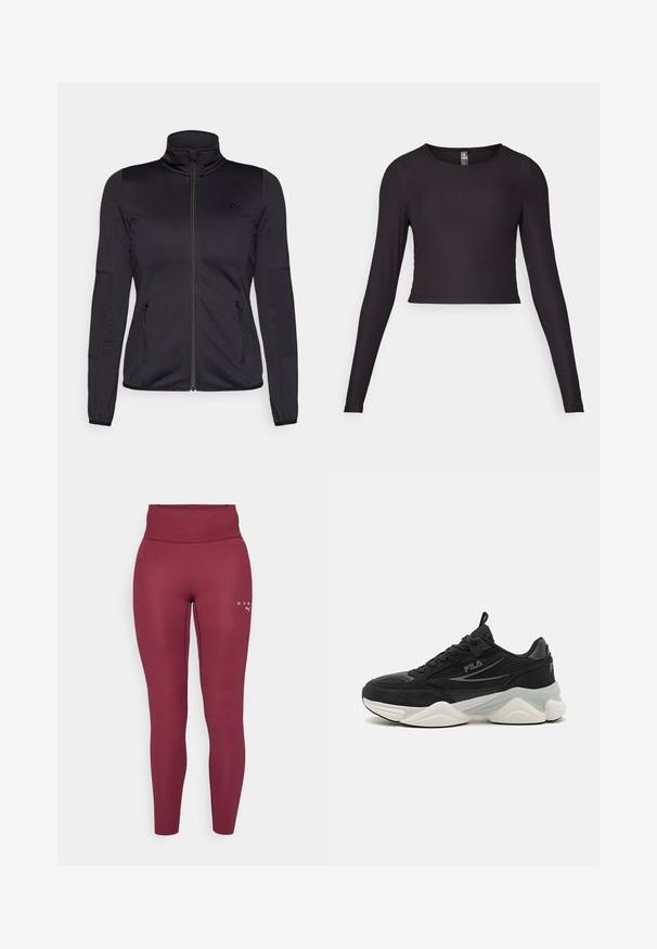 Giacca zip-up nera con colletto alto, realizzata in un tessuto liscio e elasticizzato, dotata di due tasche frontali con zip e maniche strutturate.; Top cropped a maniche lunghe nero realizzato in tessuto a coste. Presenta un collo rotondo e una silhouette aderente con superficie strutturata.; Leggings bordeaux realizzati in tessuto elastico, design a vita alta, forma aderente, con una piccola stampa del logo sulla coscia sinistra.; Sneakers neri realizzati in rete e suede, con suola spessa, forma arrotondata, sottili accenti grigi e logo del brand sul lato.