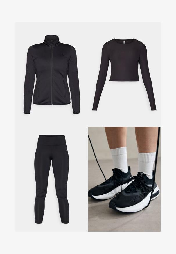 Black zip-up jacket with a high collar, constructed from smooth, stretchy fabric, featuring two zippered front pockets and textured sleeves.; Black long-sleeve cropped top made of ribbed fabric. Features a round neckline and fitted silhouette with textured surface.; Black leggings with a smooth, stretchy material, high waistband, and flat seams. No visible patterns or hardware details.; Black athletic shoes with textured fabric, white sole, and black laces. Worn with white ribbed socks, standing on a light surface.