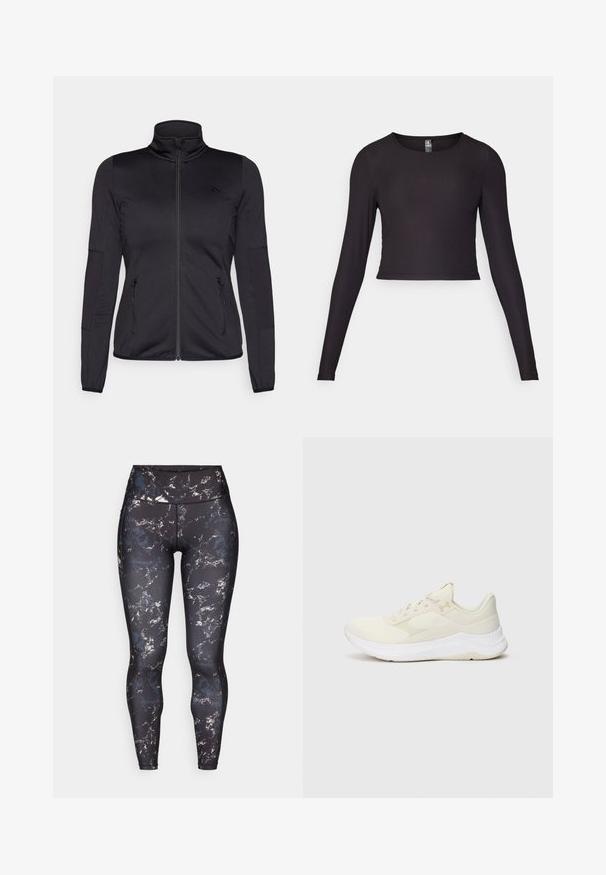 Schwarze Zip-Jacke mit hohem Kragen, gefertigt aus glattem, dehnbarem Material, mit zwei vorderen Reißverschlusstaschen und strukturierten Ärmeln.; Schwarzes, langärmliges, cropped Oberteil aus Rippstoff. Mit rundem Ausschnitt und figurbetonter Silhouette mit strukturierten Oberflächen.; Hochtaillierte Leggings mit schwarzem Grund und einem marmorierten Muster in gedämpften Farben. Glattes, elastisches Material mit Kontrastnähten und ohne sichtbare Beschläge.; Helle Sportchuhe aus Mesh und synthetischen Materialien, mit einer strukturierten Oberfläche, gepolsterten Sohle und dezentem Branding.