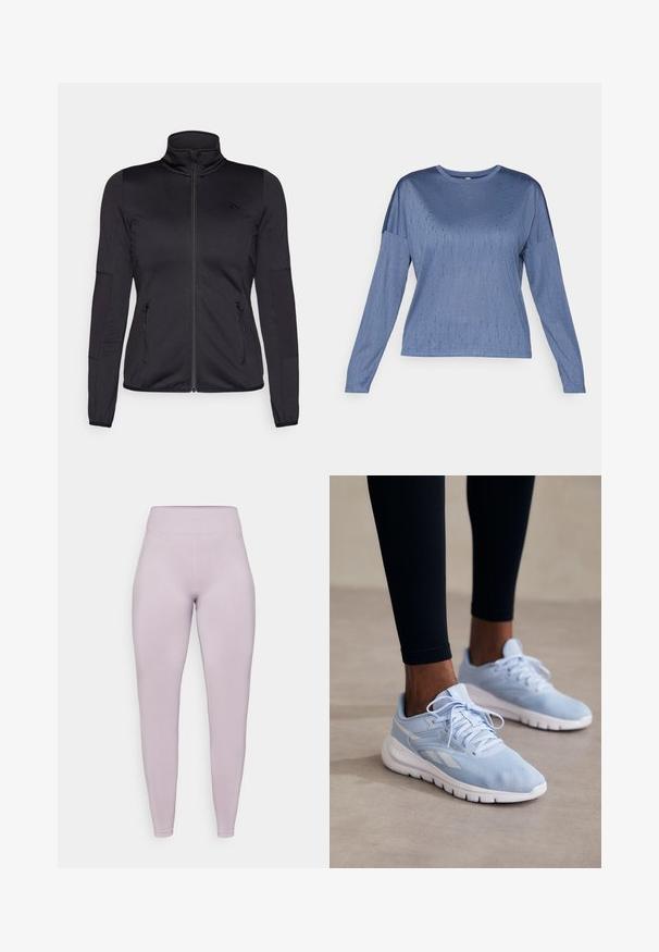 Black zip-up jacket with a high collar, constructed from smooth, stretchy fabric, featuring two zippered front pockets and textured sleeves.; Long-sleeve blue top featuring a smooth texture, round neckline, and slightly dropped shoulders. Subtle pattern adds visual interest.; Leggings in light lavender, made from stretchy fabric. Features a high ribbed waistband and smooth texture with subtle diagonal lines on legs.; Light blue athletic sneakers with mesh fabric, padded collar, and white sole. Features laces and side stripes in a contrasting white.