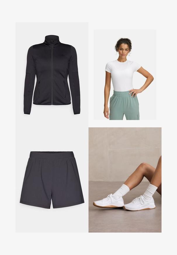 Black zip-up jacket with a high collar, constructed from smooth, stretchy fabric, featuring two zippered front pockets and textured sleeves.; White fitted t-shirt with short sleeves, paired with light green elastic waistband pants. Smooth texture, minimalist design, and no visible patterns.; Black athletic shorts made of lightweight, stretchy fabric. Features an elastic waistband and a simple, unembellished design.; White athletic shoes with a textured upper, featuring a gum rubber sole, paired with ribbed white socks. Simple lace-up design.