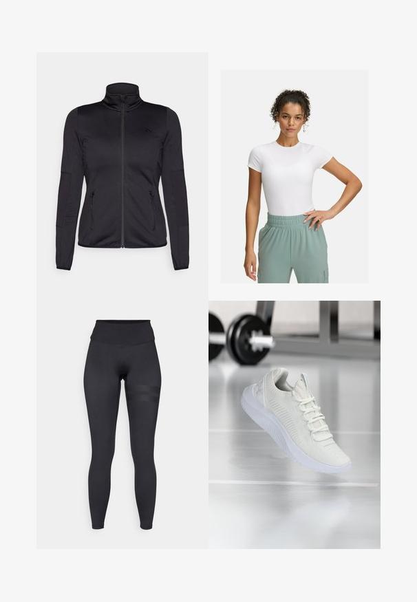 Czarna kurtka na zamek z wysokim kołnierzem, wykonana z gładkiego, elastycznego materiału, posiadająca dwie kieszenie z przodu na zamek oraz fakturowane rękawy.; Biała dopasowana koszulka z krótkimi rękawami, w połączeniu z jasnzielonymi spodniami na elastycznym pasie. Gładka tekstura, minimalistyczny design i brak widocznych wzorów.; Czarne legginsy z wysokim stanem, charakteryzujące się gładką fakturą i subtelnymi paskami na udzie dla dodatkowego wykończenia.; Białe sportowe sneakersy z teksturowaną siateczką u góry i systemem sznurowania, charakteryzujące się wyściełaną białą podeszwą oraz subtelnymi żeberkowymi akcentami.