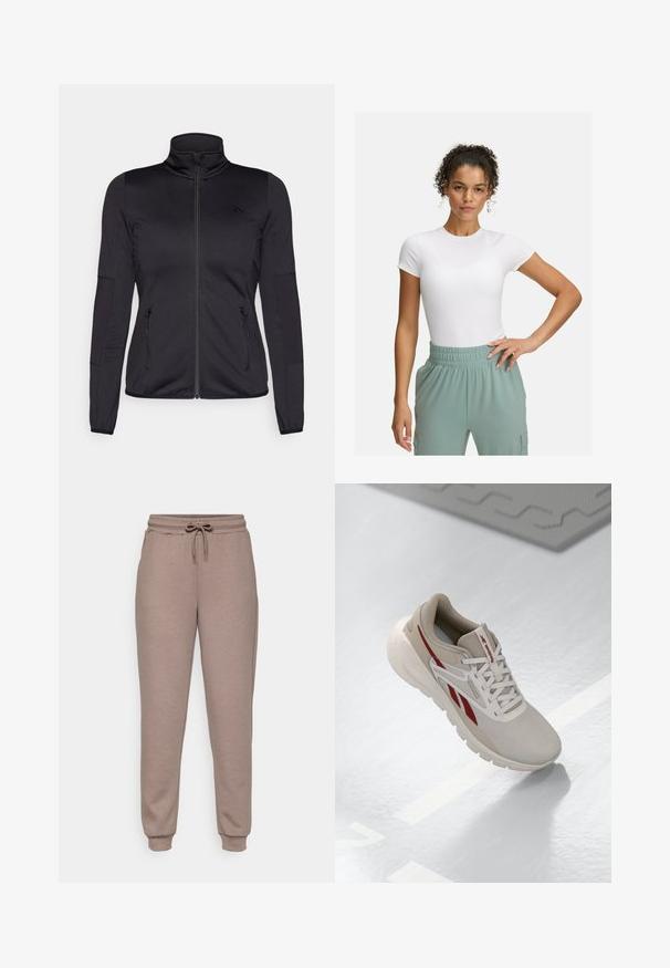 Chaqueta negra con cremallera y cuello alto, confeccionada en un tejido liso y elástico, que cuenta con dos bolsillos delanteros con cremallera y mangas con textura.; Camiseta blanca ajustada de manga corta, combinada con pantalones de cintura elástica de color verde claro. Textura suave, diseño minimalista y sin patrones visibles.; ONLY Play ONPLOUNGE LIFE - Pantalones deportivos - brown; Zapato deportivo beige con acentos rojos, parte superior de malla texturizada, cuello acolchado y suela ligera. Presenta un logo en el lateral y un diseño con cordones.