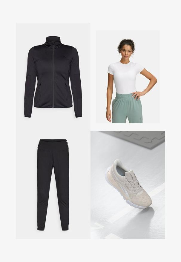 Čierna zipsová bunda s vysokým golierom, vyrobená z hladkého, elastického materiálu, so zipsovými prednými vreckami a štruktúrovanými rukávmi.; Biely priliehavý tričko s krátkymi rukávmi, kombinované s nohavicami so svetlozeleným elastickým pásom. Hladká textúra, minimalistický dizajn a žiadne viditeľné vzory.; Čierne legíny vyrobené zo strečového materiálu. Vysoký pás, zúžený strih, obsahujú biele bočné prúžky podél vonkajších švov. Hladká textúra.; Svetlo béžová atletická obuv s perforovaným zvrškom, textúrovanými akcentmi, polstrovaným golierom a bielou gumovou podrážkou, navrhnutá pre pohodlie a priedušnosť.