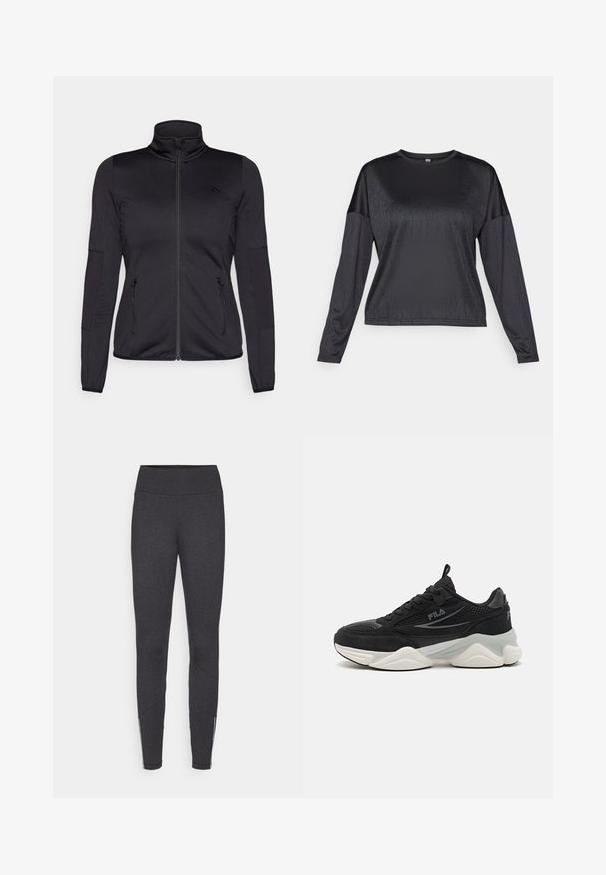 Čierna zipsová bunda s vysokým golierom, vyrobená z hladkého, elastického materiálu, so zipsovými prednými vreckami a štruktúrovanými rukávmi.; Čierny top s dlhým rukávom vyrobený z hladkej, ľahkej textílie. Má okrúhly výstrih a voľný strih. Žiadne viditeľné vzory ani logá.; Tmavošedé legíny s vysokým pásom, vyrobené z elastického materiálu, s bočnými zipsami na členkoch a hladkou textúrou.; Čierne tenisky vyrobené z následnej a semišovej tkaniny, s hrubou podrážkou, zaobleným tvarom, jemnými sivými akcentmi a značkovým logom na boku.