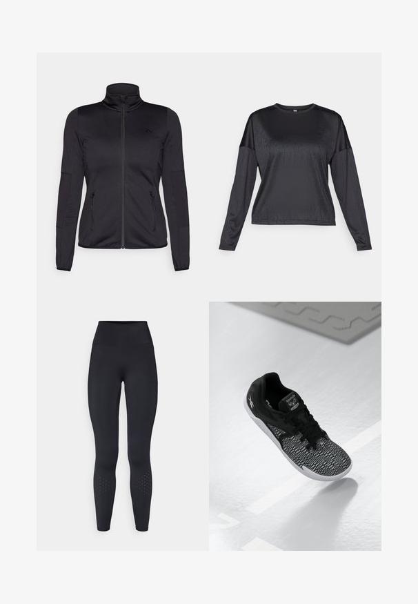 Jaqueta preta com fecho éclair e gola alta, feita de um tecido liso e elástico, apresentando dois bolsos frontais com fecho éclair e mangas texturizadas.; Top preto de mangas longas feito de um tecido leve e suave. Apresenta um decote redondo e um corte descontraído. Sem padrões ou logótipos visíveis.; Leggings pretos de cintura alta feitos de material elástico, com uma textura suave e detalhes em design perfurado perto dos tornozelos.; Sapatilha atlética preta com um upper em malha texturizada e padrão, atacadores pretos e uma sola branca. Apresenta a marca Reebok na língua e na lateral.