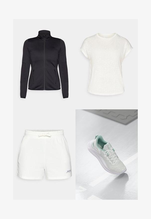 Černá bunda na zip s vysokým límcem, vyrobená z hladkého, elastického materiálu, se dvěma předními kapsami na zip a texturovanými rukávy.; Bílý krátký rukáv tričko s texturovaným květinovým vzorem, kulatým výstřihem a volným střihem. Vyrobeno z měkké, lehké látky.; Bílé kraťasy s elastickým pasem z měkké tkaniny, s šňůrkou, kapsami a malým modrým logem na dolním levém rohu.; Světle šedá sportovní obuv s texturovaným pleteným svrškem, mátově zelenými akcenty, bílými tkaničkami, gumovou podrážkou a poutkem na patě.