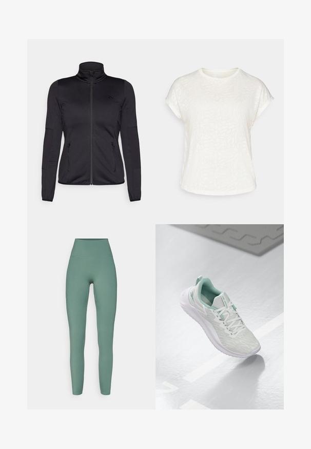 Zwarte zip-up jas met hoge kraag, gemaakt van een gladde, rekbare stof, met twee met rits gesloten voorzakken en gestructureerde mouwen.; Witte t-shirt met korte mouwen, voorzien van een textuur met bloemenpatroon, ronde halslijn en een ontspannen pasvorm. Gemaakt van zachte, lichte stof.; Hoge taille leggings in een muted groene kleur, gemaakt van rekbare stof, met een gladde textuur en zijzakdetails.; Lichtgrijze sportschoen met een gestructureerde gebreide bovenkant, mintgroene accenten, witte veters, rubberen zool en een trekkinglus op de hiel.