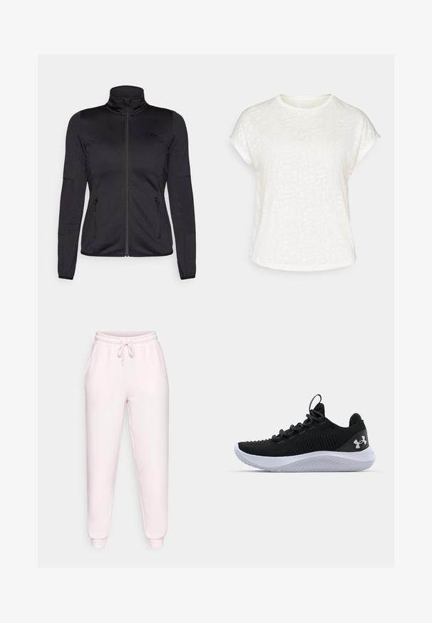 Sort zip-jakke med høj krave, fremstillet af glat, strækbart stof, med to lynlåslommer foran og strukturerede ærmer.; Hvid kortærmet t-shirt med et struktureret blomstermønster, rund halsudskæring og afslappet pasform. Fremstillet af blødt, letvægtsstof.; Lyserøde sweatpants lavet af blød stof, med en elastisk talje med snøre, sidelommer og mansjetterede ankler.; Sorte træningssko med en åndbar mesh-overdel, strukturerede detaljer og en hvid gummisål. Har flade snørebånd og en hæltrækstrop.