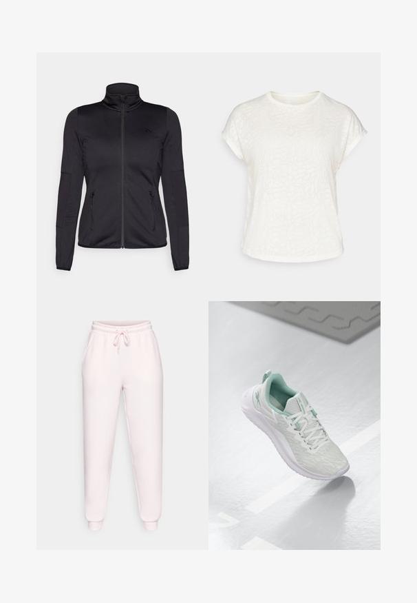 Melns zip-up jakas ar augstu apkakli, izgatavota no gludas, elastīgas auduma, ar divām kabatām priekšpusē ar rāvējslēdzējiem un teksturētām piedurknēm.; Balts īsām piedurknēm t-krekls ar teksturētu ziedu rakstu, apaļu kakla izgriezumu un brīvu piegriezumu. Izgatavots no mīksta, viegla auduma.; Gaiši rozā sporta bikses, kas izgatavotas no mīksta auduma, ar elastīgu jostu un saiti, sānu kabatām un kāju galiem, kas ir apkakloti.; Gaišpelēka sporta apava ar teksturētu trikotāžas augšu, mentolzaļiem akcentiem, baltām šņorēm, gumijas zoli un cilpu uz papēža.