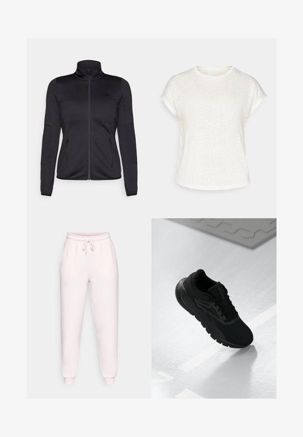 Juoda zip-up striukė su aukštu apykakle, pagaminta iš lygaus, elastingo audinio, turinti dvi užtrauktukais uždaromas priekinės kišenes ir tekstūruotas rankoves.; Balta trumpų rankovių marškinėliai su tekstūruotu gėlių raštu, apvaliu iškirpimu ir laisvu siluetu. Pagaminti iš minkštos, lengvos medžiagos.; Šviesiai rožinės kelnes pagamintos iš minkštos medžiagos, turinčios elastingą juostos dalį su raišteliu, šonines kišenes ir užsegimus ant kulkšnių.; Juodas sportinis batelis su tinkleliu viršuje, apvaliu nosiu, paminkštintu padu ir tekstūruotais akcentais, padėtas ant lygios baltos paviršiaus.