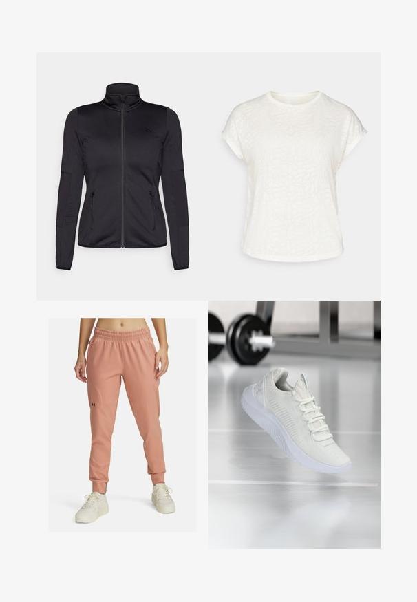 Sort zip-jakke med høj krave, fremstillet af glat, strækbart stof, med to lynlåslommer foran og strukturerede ærmer.; Hvid kortærmet t-shirt med et struktureret blomstermønster, rund halsudskæring og afslappet pasform. Fremstillet af blødt, letvægtsstof.; Lyserøde atletiske joggers med elastisk talje, taret bendesign, tonalt syning og et lille sort logo på venstre lår.; Hvide atletiske sneakers med et tekstureret mesh-overdel og snøresystem, med en polstret hvid sål og subtile ribbede detaljer.