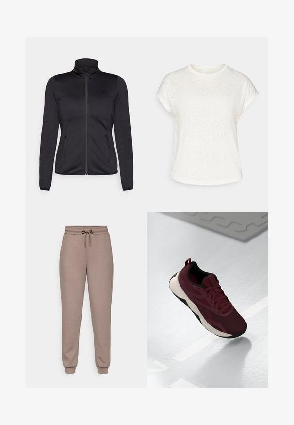 Svart zip-up jakke med høy krage, laget av glatt, elastisk stoff, med to glidelås-lommer foran og teksturerte ermer.; Hvit t-skjorte med korte ermer som har et teksturert blomstermønster, rund hals og avslappet passform. Laget av myk, lett stoff.; ONLY Play ONPLOUNGE LIFE REG NOOS - Joggebukse - brown; Burgunderfargede treningssko med mesh-overdel, svarte detaljer og en polstret hvit såle. Har snøring og et trekkpunkt på hælen.