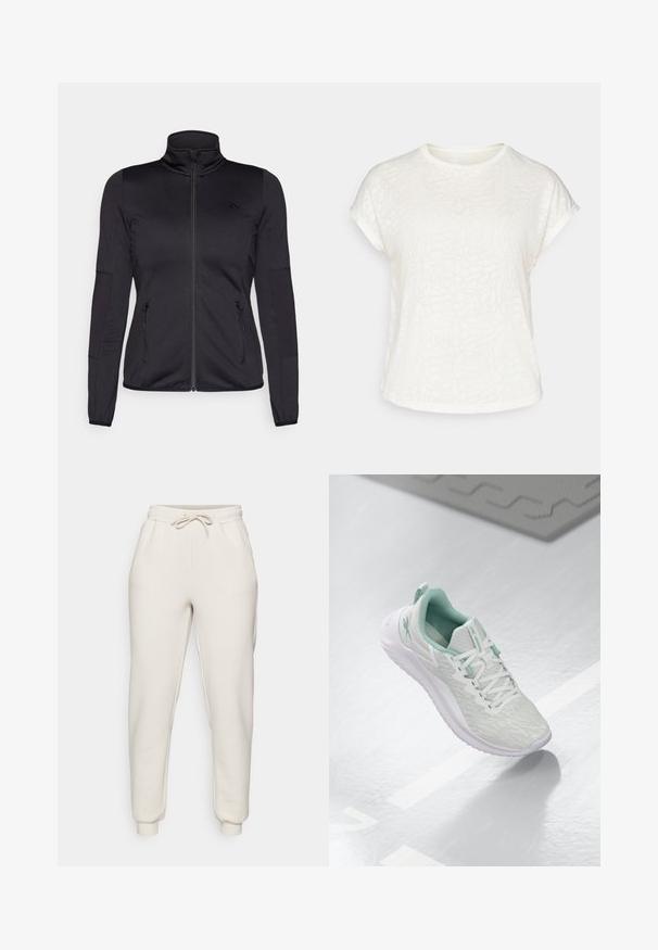 Crna jakna s patentnim zatvaračem i visokim ovratnikom, napravljena od glatkog, rastezljivog materijala, s dva prednja džepa na patentni zatvarač i teksturiranim rukavima.; Bijela majica kratkih rukava s teksturiranim cvjetnim uzorkom, okruglim izrezom i opuštenim krojem. Izrađena od mekog, laganog materijala.; Svijetlosmeđi dukserice od mekog materijala, s elastičnim pojasom s vezicom, bočnim dzepovima i suženim manžetama na gležnjevima.; Svijetlosivi atletski tenisice s teksturiranim pletenim gornjim dijelom, mint zelenim detaljima, bijelim vezicama, gumeni potplat i petni nastavak.