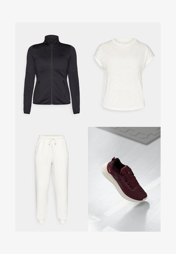 Jachetă neagră cu fermoar, cu guler înalt, confecționată dintr-un material neted și elastic, având două buzunare frontale cu fermoar și mâneci texturate.; Tricou scurt cu mânecă albă, cu un model floral texturat, guler rotund și croială lejeră. Fabricat dintr-un material moale și ușor.; Pantaloni de trening albi, dintr-un material moale, cu un brâu elastic și șnur, buzunare laterale și manșete tapered la glezne.; Pantofii sport bordo cu un superior texturat, interior negru și accente roz. Au o talpă intermediară albă și un model de tread pe talpă.
