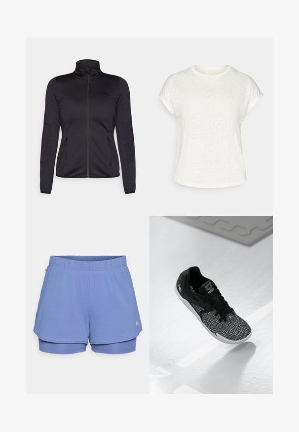 Jachetă neagră cu fermoar, cu guler înalt, confecționată dintr-un material neted și elastic, având două buzunare frontale cu fermoar și mâneci texturate.; Tricou scurt cu mânecă albă, cu un model floral texturat, guler rotund și croială lejeră. Fabricat dintr-un material moale și ușor.; Shorts atletici de culoare bleu deschis, fabricate dintr-un material texturat, cu o talie elastică, căptușeală interioară și un logo subtil pe lateral.; Pantofii sport negri au o parte superioară din plasă texturată și cu model, șireturi negre și o talpă albă. Au branding Reebok pe limbă și pe lateral.