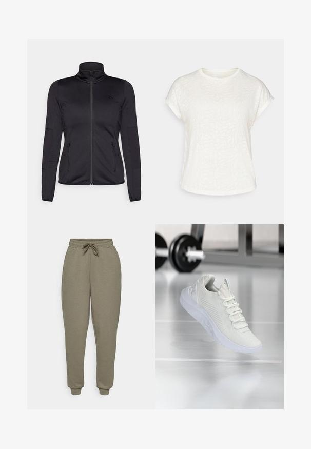 Zwarte zip-up jas met hoge kraag, gemaakt van een gladde, rekbare stof, met twee met rits gesloten voorzakken en gestructureerde mouwen.; Witte t-shirt met korte mouwen, voorzien van een textuur met bloemenpatroon, ronde halslijn en een ontspannen pasvorm. Gemaakt van zachte, lichte stof.; ONLY Play ONPLOUNGE LIFE REG NOOS - Trainingsbroek - kalamata; Witte sport sneaker met een gestructureerde mesh bovenkant en vetersysteem, voorzien van een gewatteerde witte zool en subtiele ribbelaccenten.
