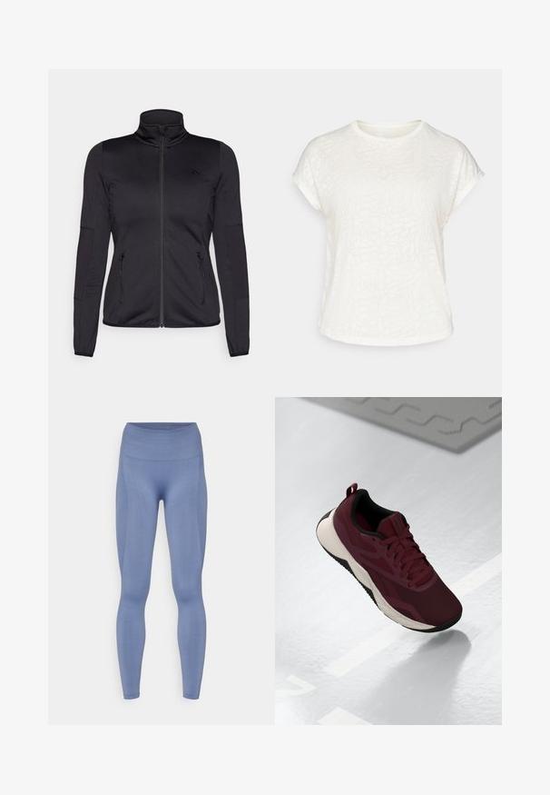 Crna jakna s patentnim zatvaračem i visokim ovratnikom, napravljena od glatkog, rastezljivog materijala, s dva prednja džepa na patentni zatvarač i teksturiranim rukavima.; Bijela majica kratkih rukava s teksturiranim cvjetnim uzorkom, okruglim izrezom i opuštenim krojem. Izrađena od mekog, laganog materijala.; Leggings s visokim strukom od čvrste svijetloplave tkanine. Glatka tekstura s prilagođenim dizajnom, sužava se u gležnjevima. Bez vidljivih uzoraka ili akcenata.; Bordo atletska cipela s mrežastim gornjim dijelom, crnim akcentima i podloženim bijelim potplatom. Ima sustav vezanja i pomoćnu petlju na peti.
