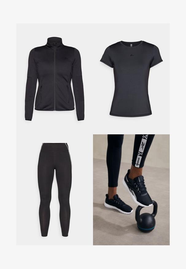 Crna jakna s patentnim zatvaračem i visokim ovratnikom, napravljena od glatkog, rastezljivog materijala, s dva prednja džepa na patentni zatvarač i teksturiranim rukavima.; Crna majica kratkih rukava izrađena od glatkog, prozračnog materijala s minimalnim dizajnom loga sprijeda. Klasični okrugli izrez.; Crne tajice izrađene od rastezljivog materijala s visokim pojasom. Ima bijele bočne pruge i glatku teksturu.; Crne sportske cipele s teksturiranim gornjim dijelom, bijelim potplatom i sivoj akcenti, postavljene na crni kettlebell s plavom prugom, na neutralnoj pozadini.