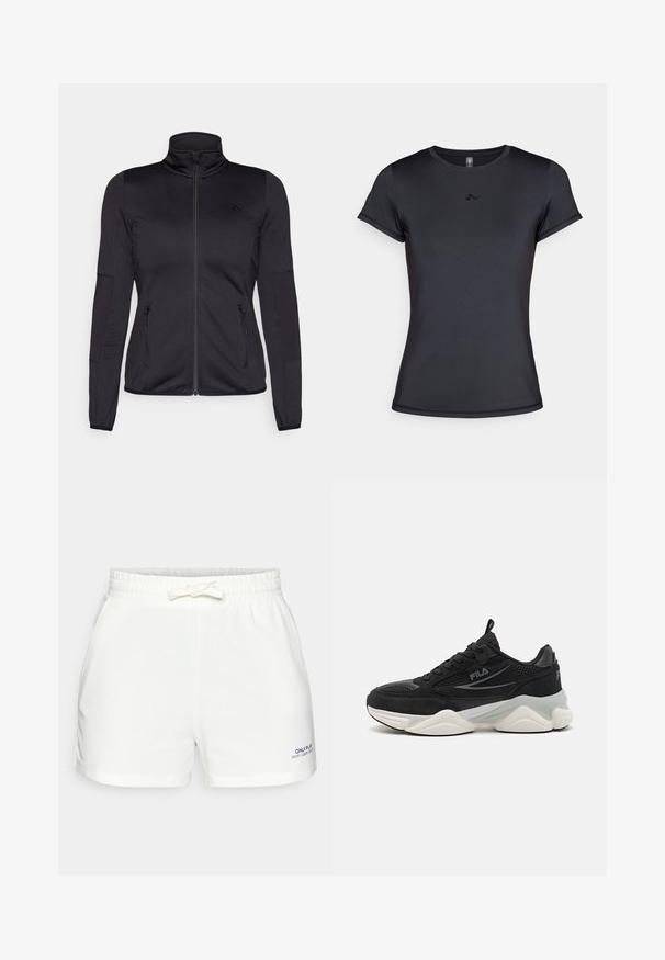 Schwarze Zip-Jacke mit hohem Kragen, gefertigt aus glattem, dehnbarem Material, mit zwei vorderen Reißverschlusstaschen und strukturierten Ärmeln.; Schwarzes Kurzarm-T-Shirt aus glattem, atmungsaktivem Stoff mit einem minimalistischen Logodesign auf der Vorderseite. Klassischer Rundhalsausschnitt.; Weiße Shorts mit elastischem Bund aus weichem Stoff, mit Kordelzug, Taschen und einem kleinen blauen Logo auf der unteren linken Seite.; Schwarze Sneakers aus Mesh und Wildleder, mit dicker Sohle, runder Form, dezenten grauen Akzenten und einem Markenlogo an der Seite.