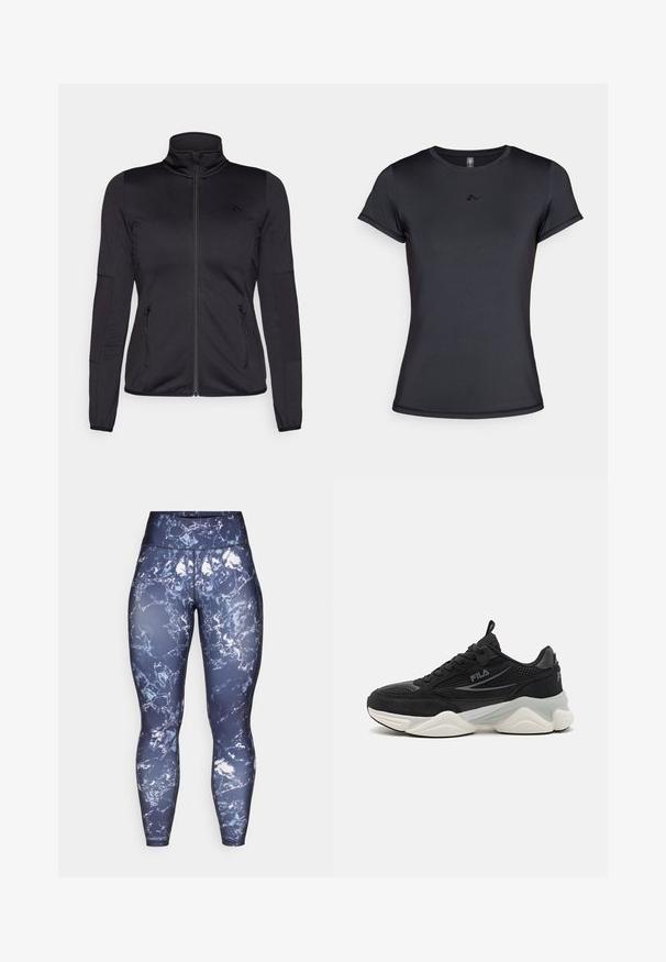 Czarna kurtka na zamek z wysokim kołnierzem, wykonana z gładkiego, elastycznego materiału, posiadająca dwie kieszenie z przodu na zamek oraz fakturowane rękawy.; Czarna koszulka z krótkim rękawem, wykonana z gładkiego, oddychającego materiału, z minimalistycznym wzorem logo z przodu. Klasyczny okrągły dekolt.; Granatowe legginsy sportowe z marmurkowym wzorem w białym i jasnoniebieskim kolorze, wysoki stan, wykonane z elastycznego materiału odprowadzającego wilgoć.; Czarne sneakersy wykonane z siateczki i zamszu, z grubą podeszwą, zaokrąglonym kształtem, subtelnymi szaro-skalnymi akcentami i logo marki po boku.