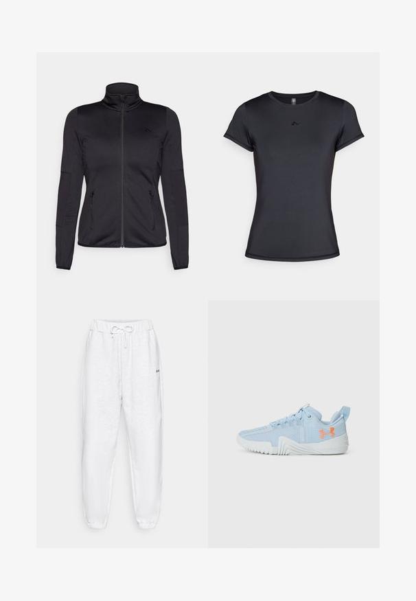 Jaqueta preta com fecho éclair e gola alta, feita de um tecido liso e elástico, apresentando dois bolsos frontais com fecho éclair e mangas texturizadas.; T-shirt preta de manga curta, feita de um tecido liso e respirável, com um design de logotipo minimalista na parte da frente. Gola clássica em crew.; Calças de jogger brancas em algodão com cintura elástica e cordão. Tornozelos com punho. Pequeno logótipo "GUESS" impresso na perna esquerda. Textura suave.; Sapatilha atlética azul clara feita de material em malha com uma sola texturizada, apresentando um logo laranja e um design com atacadores.