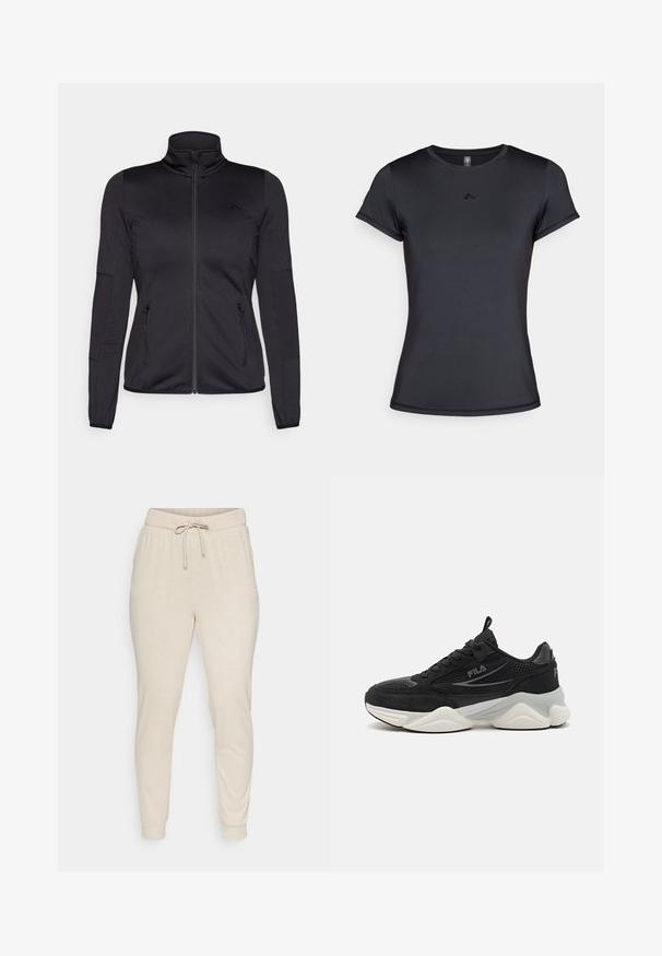 Black zip-up jacket with a high collar, constructed from smooth, stretchy fabric, featuring two zippered front pockets and textured sleeves.; Black short-sleeve t-shirt made of smooth, breathable fabric featuring a minimal logo design on the front. Classic crew neckline.; Beige sweatpants made of soft fabric, featuring an elastic waistband with a drawstring and ribbed cuffs. Small pink logo detail on the side.; Black sneakers made of mesh and suede, featuring thick sole, rounded shape, subtle grey accents, and branded logo on the side.