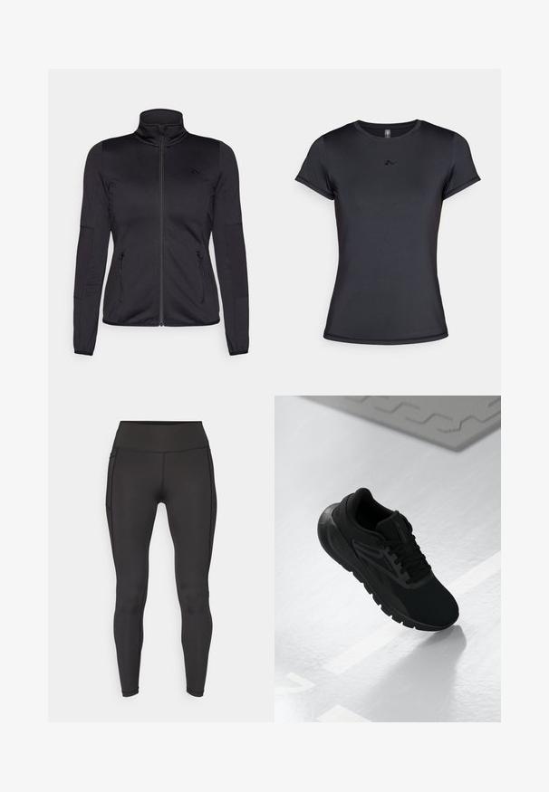 Črna jakna na zadrgo z visokim ovratnikom, izdelana iz gladkega, raztegljivega materiala, z dvema sprednjima žepoma na zadrgo in teksturiranimi rokavi.; Črna kratka majica s kratkimi rokavi, izdelana iz gladkega, zračnega materiala, z minimalističnim logotipom na sprednji strani. Klasičen okrogel izrez.; ONLY Play ONPJAM-2-FONT - Pajkice - black; Črne športne čevlje z mrežasto zgornjim delom, okroglo konico, oblazinjenim podplatom in teksturiranimi detajli, postavljeni na gladko belo površino.