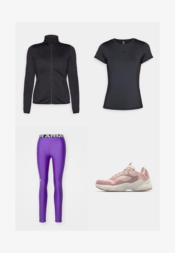 Giacca zip-up nera con colletto alto, realizzata in un tessuto liscio e elasticizzato, dotata di due tasche frontali con zip e maniche strutturate.; T-shirt nero a maniche corte realizzato in tessuto liscio e traspirante, con un design del logo minimale sulla parte anteriore. Collo a giroclassico.; Under Armour HEATGEAR - Leggings - lavish/white; Fila COLLENE - Sneakers basse - pale mauve/mauve chalk