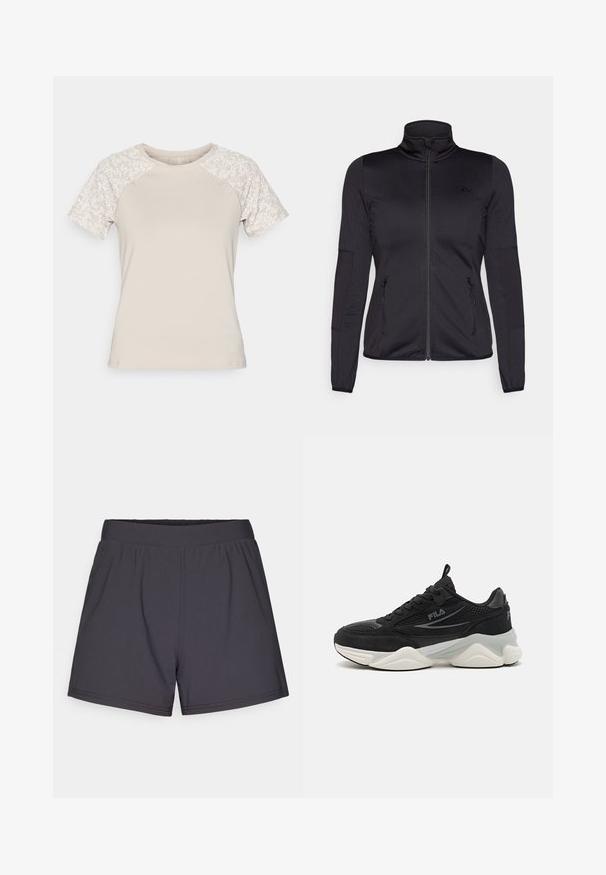 Crna jakna s patentnim zatvaračem i visokim ovratnikom, napravljena od glatkog, rastezljivog materijala, s dva prednja džepa na patentni zatvarač i teksturiranim rukavima.; Bež majica s kratkim rukavima; teksturirano tijelo i rukavi s cvjetnim uzorkom. Okrugli izrez; mekana tkanina. Pogodna za svakodnevno nošenje.; Crne sportske kratke hlače izrađene od lagane, rastezljive tkanine. Imaju elastičnu sredinu i jednostavan, neukrašen dizajn.; Crne tenisice od mrežastog materijala i nubuka, s debelim đonom, zaobljenim oblikom, suptilnim sivim naglascima i logotipom na strani.