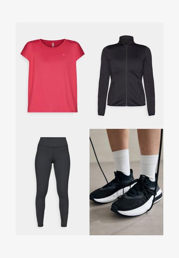 Jachetă neagră cu fermoar, cu guler înalt, confecționată dintr-un material neted și elastic, având două buzunare frontale cu fermoar și mâneci texturate.; Tricou roșu cu mânecă scurtă, confecționat dintr-un material neted și ușor. Are un decolteu rotund și un mic logo pe partea din stânga față.; Colanți negri fabricați dintr-un material elastic, având o talie înaltă, un design elegant și detalii stripate accentuate aproape de gleznă.; Căști atletice negre cu țesătură texturată, talpă albă și șireturi negre. Purtați cu șosete albe cu riflaje, stând pe o suprafață deschisă.
