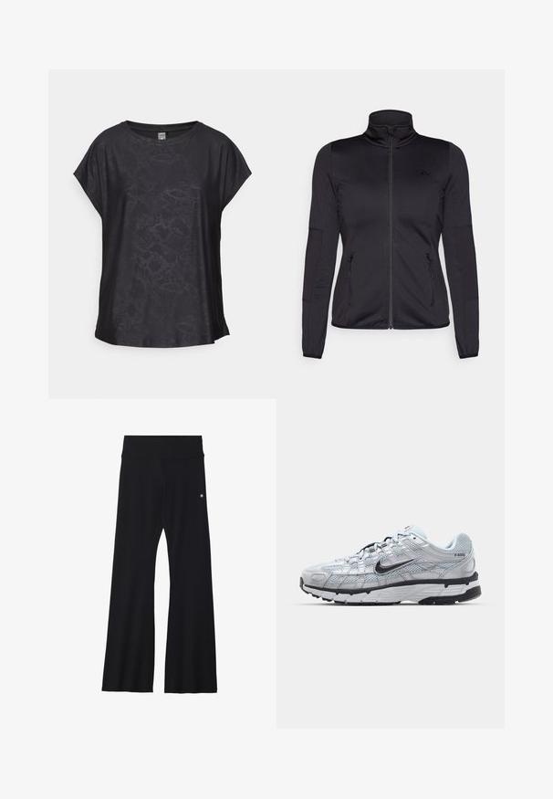 Giacca zip-up nera con colletto alto, realizzata in un tessuto liscio e elasticizzato, dotata di due tasche frontali con zip e maniche strutturate.; Top corto nero a maniche corte in tessuto morbido, con un leggero motivo rettile, scollo rotondo e vestibilità ampia per facilitare i movimenti.; Pantaloni yoga neri a campana in tessuto elasticizzato, con una cintura ampia e un piccolo logo vicino all'anca. Texture liscia, senza motivi.; Sneakers Nike P-6000 con una toma superiore in mesh grigio chiaro, accenti neri e una resistente suola in gomma nera. Dotati di un design intricato e di un sistema di allacciatura.