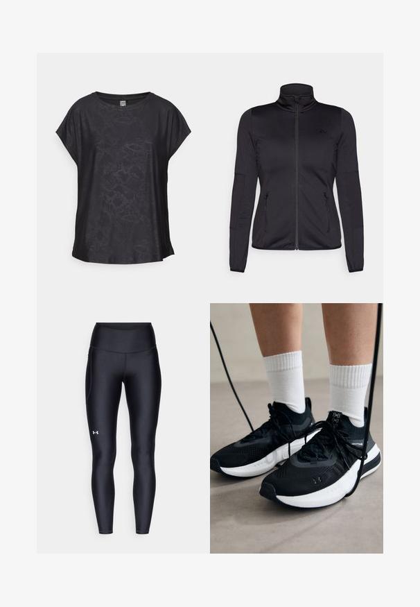 Juoda zip-up striukė su aukštu apykakle, pagaminta iš lygaus, elastingo audinio, turinti dvi užtrauktukais uždaromas priekinės kišenes ir tekstūruotas rankoves.; Juodas trumpas rankovėmis viršus, pagamintas iš sklandžios medžiagos, su subtiliu roplio raštu, apvaliu kaklu ir plačiu kirpimu, leidžiančiu laisvai judėti.; Juodos leggingai, pagaminti iš lygaus, elastingo audinio su aukštu juosmeniu. Kairiajame šlaunyje yra baltas logotipas ir tvirta konstrukcija.; Juodi sportiniai batai su tekstūruotu audiniu, balta padu ir juodais raiščiais. Dėvimi su baltais raištiniais kojiniais, stovint lengvame paviršiuje.