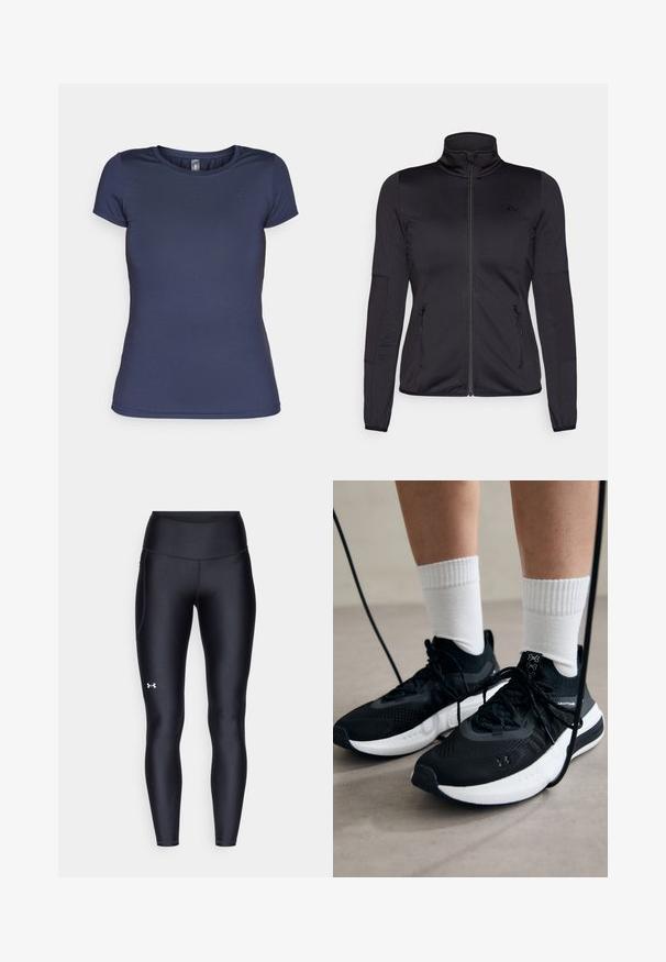 Must ehk üles tõmmatav jakk, millel on kõrge krae, valmistatud siledast ja venivast kangast, millel on kaks lukuga esikotid ja tekstureeritud varrukad.; Tumesinine lühikeste varrukatega t-särk ümmarguse kaelusega, valmistatud siledast kangast. Vasakul rinna piirkonnas on väike logo.; Mustad mustad, venitatud materjalist, kõrge vöökoht. Vasakul reie kohal on valge logo ning tihe disain.; Mustad mustad jalanõud tekstuuritud kangast, valge tallaga ja mustade paeltega. Kanna valgete soonikkudega sokkide sisse, seistes helesinisel pinnal.