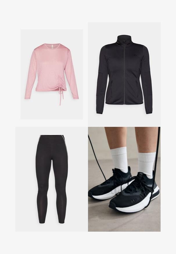 Black zip-up jacket with a high collar, constructed from smooth, stretchy fabric, featuring two zippered front pockets and textured sleeves.; Long-sleeve pink top made of soft fabric, featuring a gathered detail at the waist with adjustable ties and a round neckline.; Black leggings made of stretchy material with a high waistband. Features white side stripes and smooth texture throughout.; Black athletic shoes with textured fabric, white sole, and black laces. Worn with white ribbed socks, standing on a light surface.
