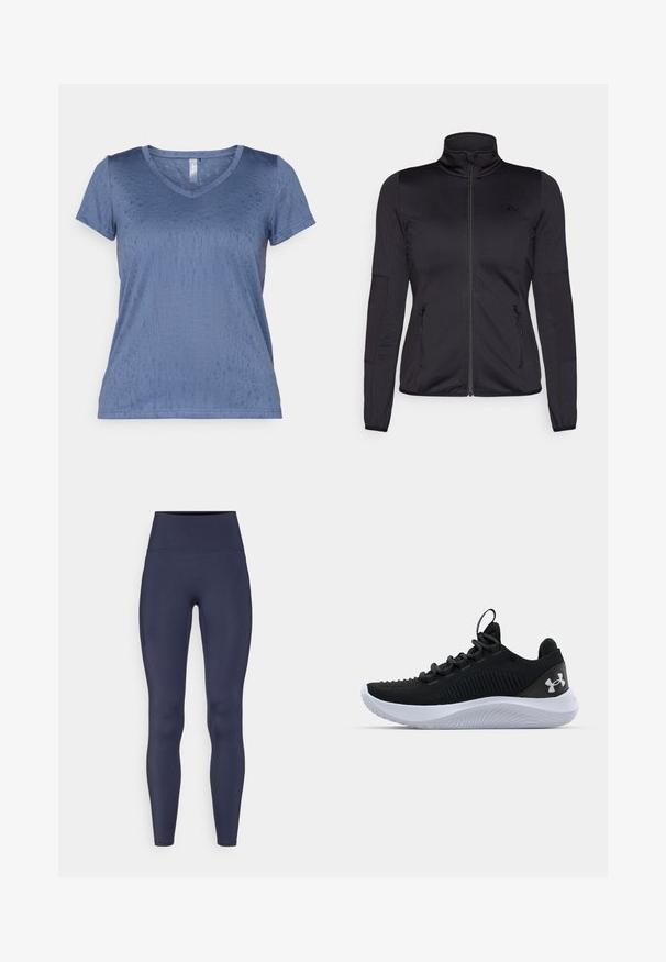 Fekete cipzáras dzseki magas gallérral, sima, rugalmas anyagból készült, elöl két cipzáras zsebbel és texturált ujakkal.; Kék V-nyakú póló sima, texturált anyagból, rövid ujjakkal és diszkrét mintával. Egyenes alsó szegéllyel és könnyű kialakítással rendelkezik.; Sötétkék leggings elasztikus anyagból, magas derékban, oldalsó zseppel. Sima textúrájú, testhezálló fazonnal.; Fekete sportcipők légáteresztő hálós felsőrésszel, texturált részletekkel és fehér gumitalppal. Lapos fűzővel és sarokhúzó füllel rendelkezik.