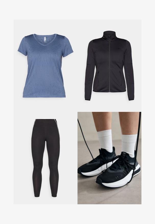 Jaqueta preta com fecho éclair e gola alta, feita de um tecido liso e elástico, apresentando dois bolsos frontais com fecho éclair e mangas texturizadas.; T-shirt azul em formato V, confeccionada em tecido liso e texturizado, com mangas curtas e um padrão subtil. Apresenta uma bainha reta e um design leve.; Leggings pretos feitos de material elástico com uma cintura alta. Apresentam riscas brancas nas laterais e uma textura suave por toda a peça.; Sapatilhas desportivas pretas com tecido texturizado, sola branca e atacadores pretos. Usadas com meias brancas caneladas, a pé sobre uma superfície clara.