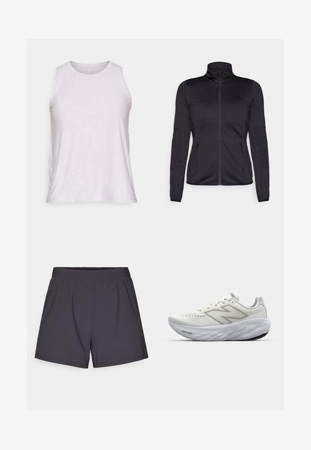 Black zip-up jacket with a high collar, constructed from smooth, stretchy fabric, featuring two zippered front pockets and textured sleeves.; Light pink sleeveless tank top with a round neckline, smooth fabric, and subtle texture. Straight hem with no visible branding or accents.; Black athletic shorts made of lightweight, stretchy fabric. Features an elastic waistband and a simple, unembellished design.; White athletic shoes with a mesh upper, featuring a padded collar, textured sole, and the "Fresh Foam" branding on the midsole.