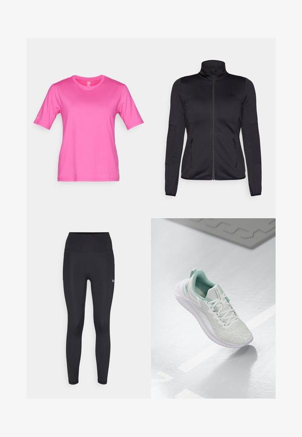 Svart zip-up jacka med hög krage, tillverkad av mjukt, stretchigt tyg, med två fickor framtill som stängs med dragkedja och texturerade ärmar.; Fuchsian kortärmad t-shirt med rund halsringning, tillverkad av ett mjukt tyg. Har en logotyp på vänster ärm.; Svarta högmidjade leggingar i ett mjukt och stretchigt material. Har platta sömmar och en liten logotyp på nedre högra benet.; Ljust grå sportskor med en texturerad stickad ovandel, mintgröna detaljer, vita snören, gummisula och en dragflik på hälen.