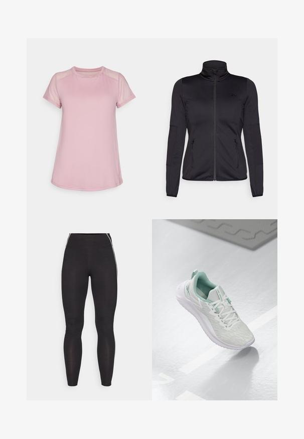 Melns zip-up jakas ar augstu apkakli, izgatavota no gludas, elastīgas auduma, ar divām kabatām priekšpusē ar rāvējslēdzējiem un teksturētām piedurknēm.; Gaiši rozā sporta krekls, kas izgatavots no mīkstas auduma, ar īsām sietiņveida piedurknēm un apaļu kakla izgriezumu, ar gludu formu un noapaļotiem maliem.; Melnas legingas, kas izgatavoti no elastīga materiāla ar augstu jostasvietu. Iezīmē balti sānu svītras un gludu tekstūru visā virsmā.; Gaišpelēka sporta apava ar teksturētu trikotāžas augšu, mentolzaļiem akcentiem, baltām šņorēm, gumijas zoli un cilpu uz papēža.