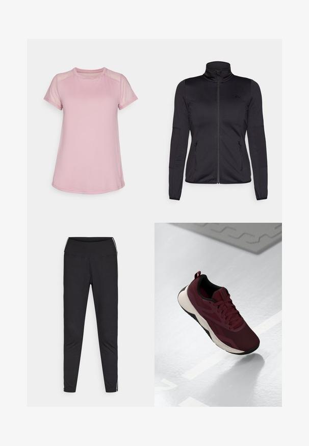 Svart zip-up jakke med høy krage, laget av glatt, elastisk stoff, med to glidelås-lommer foran og teksturerte ermer.; Lyserosa treningstrøye laget av myk stoff, med korte mesh-ermer og rund hals, samt en strømlinjeformet fasong og buet søm.; Sorte leggings laget av elastisk stoff. Høy midje, tettsittende passform, med hvite side-striper langs de ytre sømmene. Glatt tekstur.; Burgunderfargede treningssko med mesh-overdel, svarte detaljer og en polstret hvit såle. Har snøring og et trekkpunkt på hælen.