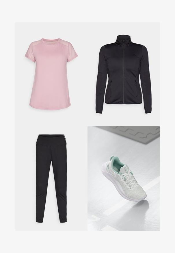 Must ehk üles tõmmatav jakk, millel on kõrge krae, valmistatud siledast ja venivast kangast, millel on kaks lukuga esikotid ja tekstureeritud varrukad.; Heledane roosa spordipolt, mis on valmistatud pehmest kangast, lühikeste mesh-süldidega ja ümmarguse kaelusega, voolujooneline kujundus ning kumeral hem.; Mustad must leggings venivast kangast. Kõrge vöökoht, kitsenev lõige, valged külgtriibud välimistel õmblustel. Sile pind.; Heledad hallitushallide spordijalanõud tekstuurse kudumise ülaosaga, mündiroheline aktsent, valged nöörid, kummist tald ja tõmblõng kandmisel.