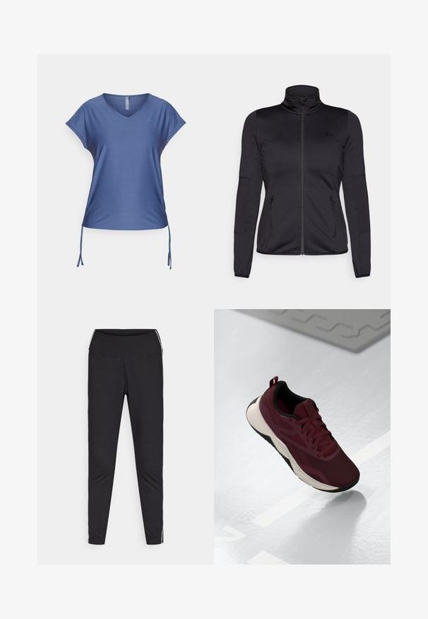 Μαύρο φούτερ με φερμουάρ και ψηλό λαιμό, κατασκευασμένο από λεία, ελαστική ύλη, με δύο μπροστινές τσέπες με φερμουάρ και υφασμάτινα μανίκια.; ONLY Play ONPAUB SMILA BAT LOOSE TOP - Αθλητικό μπλουζάκι - vintage indigo; Μαύρες κολάν από ελαστικό ύφασμα. Ψηλόμεσο, εφαρμοστό σχέδιο, διαθέτει λευκές ρίγες κατά μήκος των εξωτερικών ραφών. Απαλή υφή.; Μπορντό αθλητικό παπούτσι με δικτυωτό πάνω μέρος, μαύρες λεπτομέρειες και λευκή αφρώδη σόλα. Διαθέτει κλείσιμο με κορδόνια και λαβή στο τακούνι.