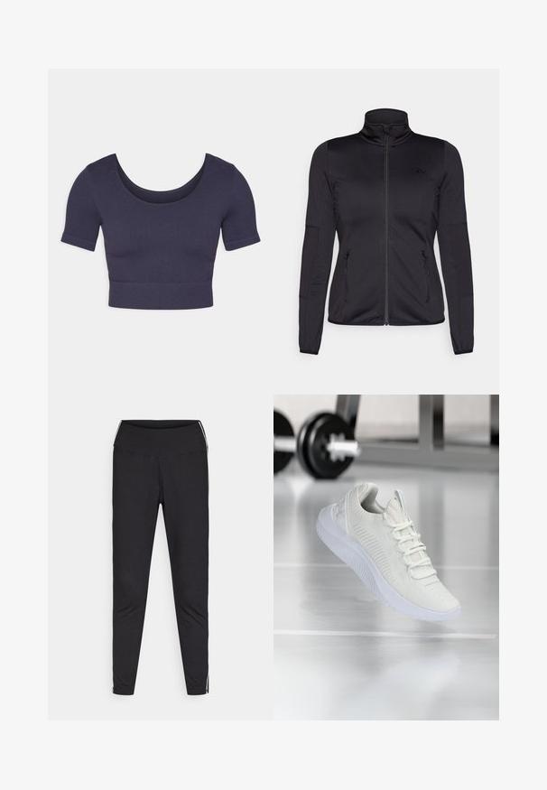 Jaqueta preta com fecho éclair e gola alta, feita de um tecido liso e elástico, apresentando dois bolsos frontais com fecho éclair e mangas texturizadas.; Top cropped azul-marinho com mangas curtas, feito de tecido canelado. Apresenta um decote arredondado e um design ajustado.; Leggings pretos feitos de tecido elástico. Cintura alta, ajuste justo, com riscas brancas nas costuras exteriores. Textura suave.; Sapatilha atlética branca com um cabedal em malha texturizada e sistema de atacadores, apresentando uma sola branca acolchoada e sutis acentos ribateados.