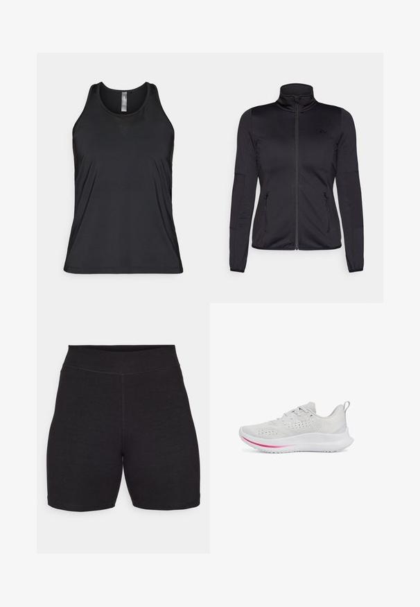 Schwarze Zip-Jacke mit hohem Kragen, gefertigt aus glattem, dehnbarem Material, mit zwei vorderen Reißverschlusstaschen und strukturierten Ärmeln.; Schwarzes ärmelloses Sporttanktop aus atmungsaktivem Material, mit einem subtilen Netz-Akzent in dreieckiger Form nahe dem Ausschnitt.; Schwarze Radshorts mit hoher Taille, aus dehnbarem, weichem Stoff. Verfügt über flache Nähte und eine glatte Textur für hohen Tragekomfort.; Weißer Sportschuh mit strukturiertem Obermaterial, Schnürdesign und pinkem Akzentstreifen auf der Zwischensohle. Verfügt über eine gepolsterte Sohle und eine Stoffschlaufe.