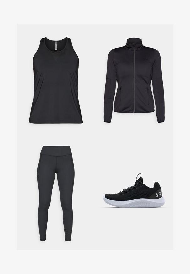 Čierna zipsová bunda s vysokým golierom, vyrobená z hladkého, elastického materiálu, so zipsovými prednými vreckami a štruktúrovanými rukávmi.; Čierny bezrukávový športový top vyrobený z priedušného materiálu, ktorý má jemný sieťový detail v trojuholníkovom tvare blízko výstrihu.; Čierne legíny vyrobené z elastického materiálu, s vysokým pásom, elegantným dizajnom a pruhovanými akcentmi pri členku.; Čierne športové topánky s priedušným sieťovaným zvrškom, štruktúrovanými detailmi a bielou gumovou podrážkou. Obsahujú ploché šnúrky a pútko na päte.