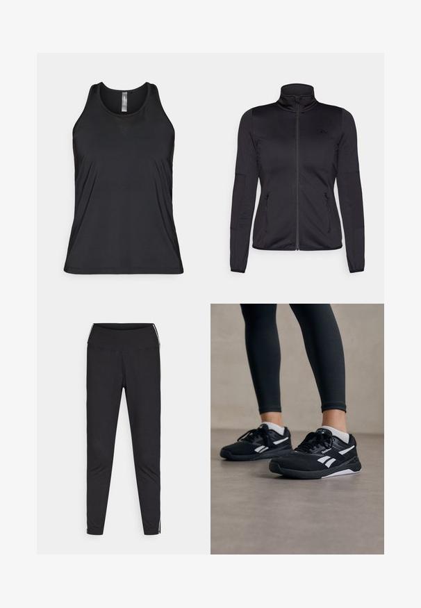 Czarna kurtka na zamek z wysokim kołnierzem, wykonana z gładkiego, elastycznego materiału, posiadająca dwie kieszenie z przodu na zamek oraz fakturowane rękawy.; Czarny bezrękawnik sportowy wykonany z oddychającego materiału, z subtelnym akcentem z siateczki w kształcie trójkąta w okolicy dekoltu.; Czarne legginsy z elastycznego materiału. Wysoki stan, zwężany krój, z białymi paskami po bokach wzdłuż zewnętrznych szwów. Gładka tekstura.; Czarne buty sportowe z teksturowanym siateczkowym wierzchem, białymi akcentami i amortyzującą podeszwą. Noszone z czarnymi legginsami, podkreślając elegancki design.
