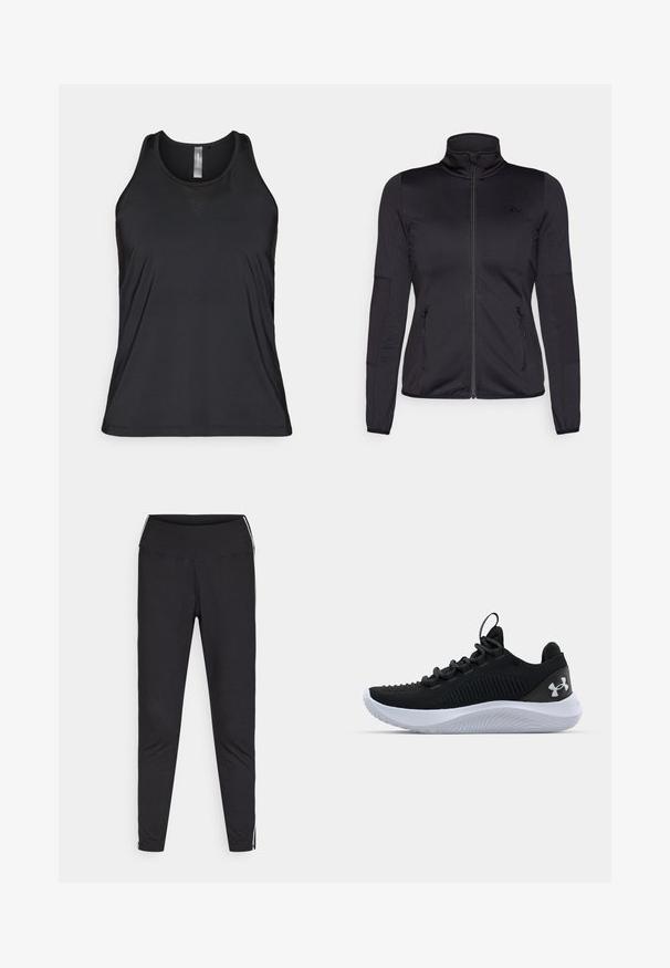 Melns zip-up jakas ar augstu apkakli, izgatavota no gludas, elastīgas auduma, ar divām kabatām priekšpusē ar rāvējslēdzējiem un teksturētām piedurknēm.; Melna bezpiedurkņu sporta tvertne, kas izgatavota no elpojoša materiāla, ar smalku acu akcentu trīsstūra formā netālu no kakla izgriezuma.; Melnas legiņas, izgatavotas no elastīga materiāla. Augsts jostasvieta, pieguļošs piegriezums, ar baltām sānu svītrām gar ārējām šuvēm. Gluda tekstūra.; Melnas sporta kurpes ar elpojošu acs augšdaļu, teksturētu detaļu un baltu gumijas zoli. Aprīkotas ar plakanām šņorēm un papēža cilpu.