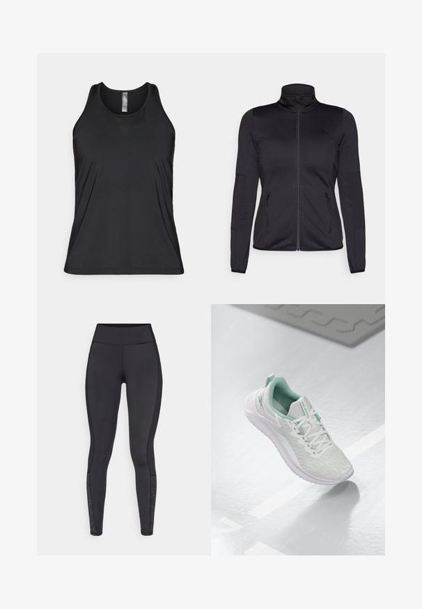 Črna jakna na zadrgo z visokim ovratnikom, izdelana iz gladkega, raztegljivega materiala, z dvema sprednjima žepoma na zadrgo in teksturiranimi rokavi.; Črn brezrokavnik za šport narejen iz zračnega materiala, ki ima subtilen mrežast detajl v trikotni obliki blizu ovratnika.; Črne legice iz raztegljivega materiala. Visok pas, gladka tekstura, z vzorčastimi poudarki na spodnjem delu noge.; Svetlo sivi športni čevelj z teksturiranim pletenim zgornjim delom, zelenimi poudarki, belimi vezalkami, gumijastim podplatom in zankico na peti.