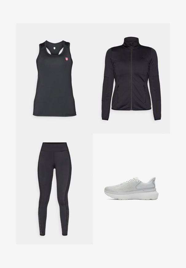 Must ehk üles tõmmatav jakk, millel on kõrge krae, valmistatud siledast ja venivast kangast, millel on kaks lukuga esikotid ja tekstureeritud varrukad.; Must have mustrakk, mis on valmistatud siledast ja venivast materjalist. Omab võistlusselja disaini, mille ülemises vasakus nurgas on väike roosa logo.; Mustad mustad, mis on valmistatud venivast materjalist. Kõrge vöökoht, sile tekstuur, millel on mustritooted sääres.; Helehall hallitusking, millel on hingav võrkkate, ümar varvas, pehmendustega tallad ja diskreetne logo kanna peal.